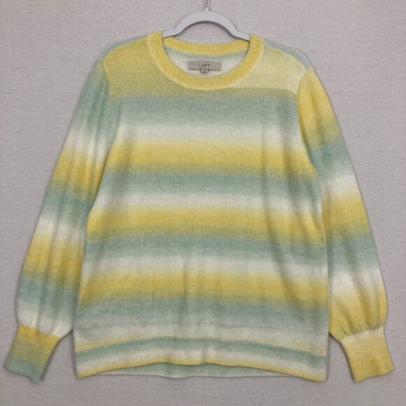 LOFT Yellow Blue Striped Crew Neck Soft Cozy Wool Blend Sweater Large - Picture 1 of 10